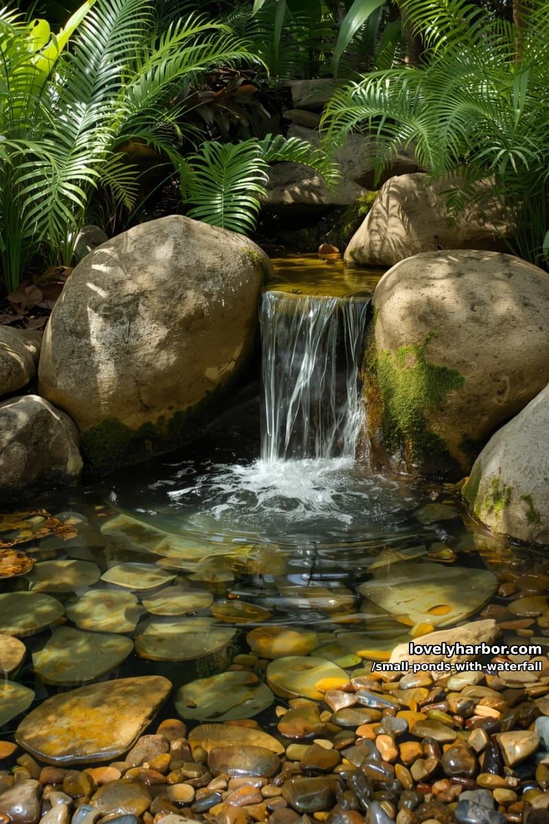 naturalistic waterfall with ferns, spider plants, and river stones. 1