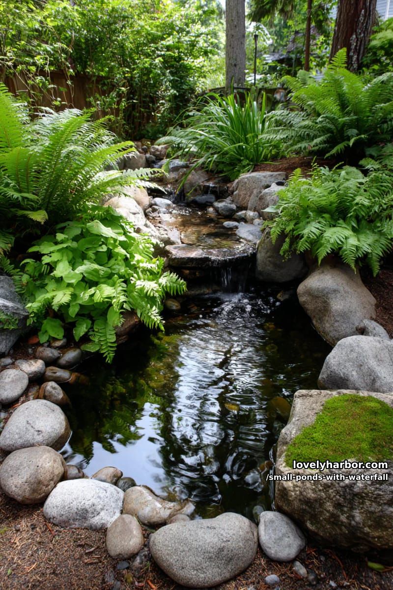 naturalistic waterfall with ferns, spider plants, and river stones. 1
