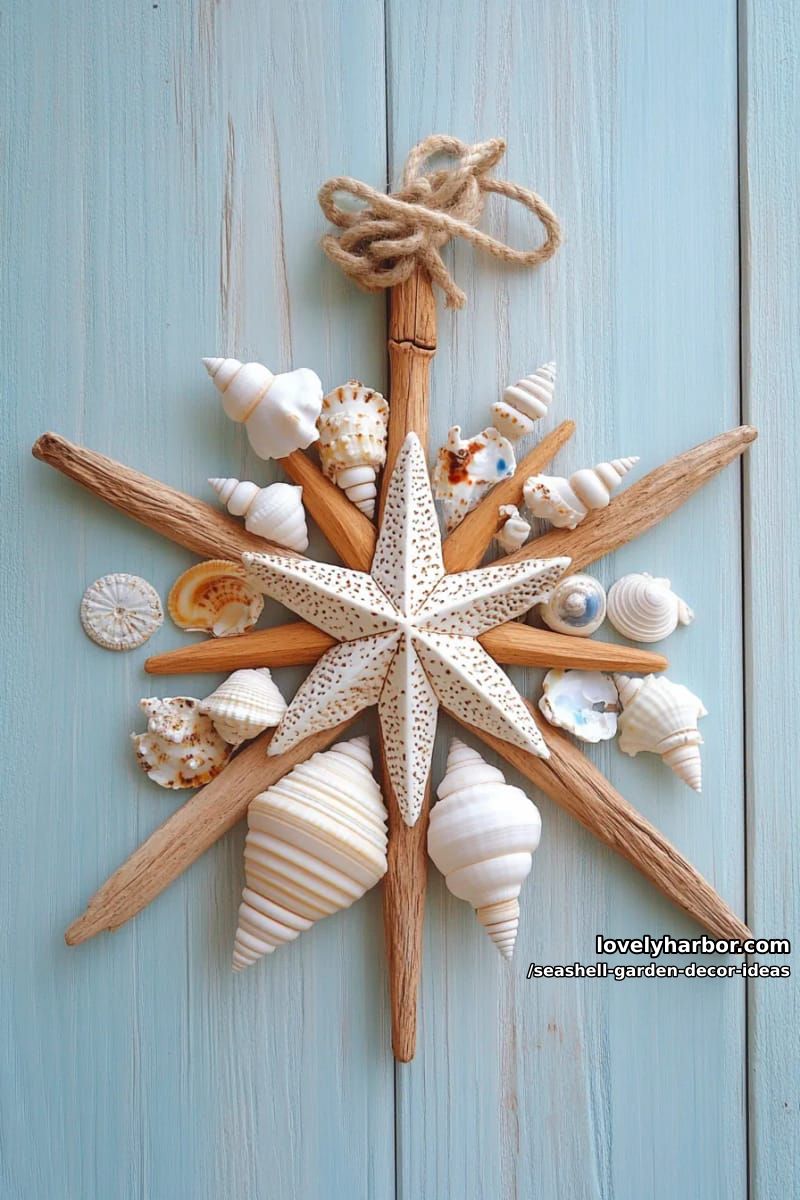 nautical compass wall plaque made from shells and sticks 1