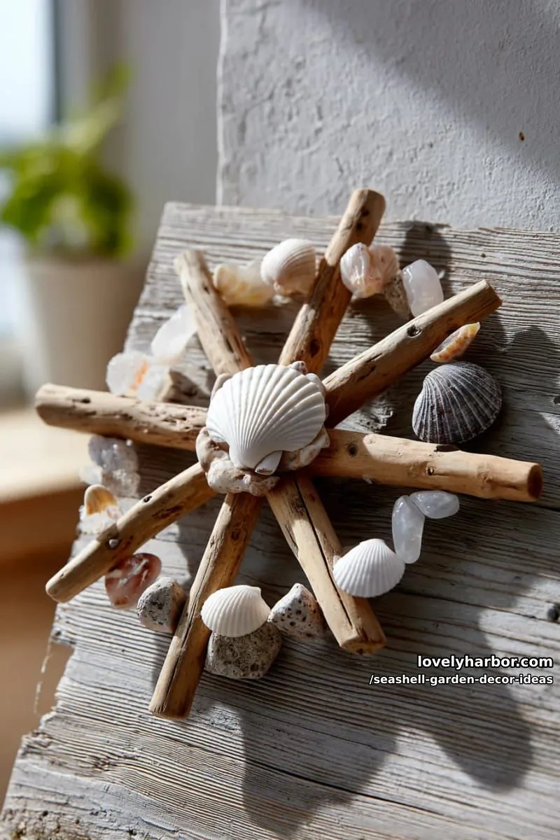 nautical compass wall plaque made from shells and sticks 1