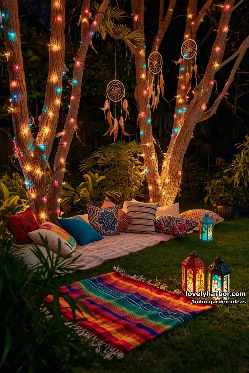 night garden with colorful string lights, dreamcatchers, lanterns, and pillows. 1