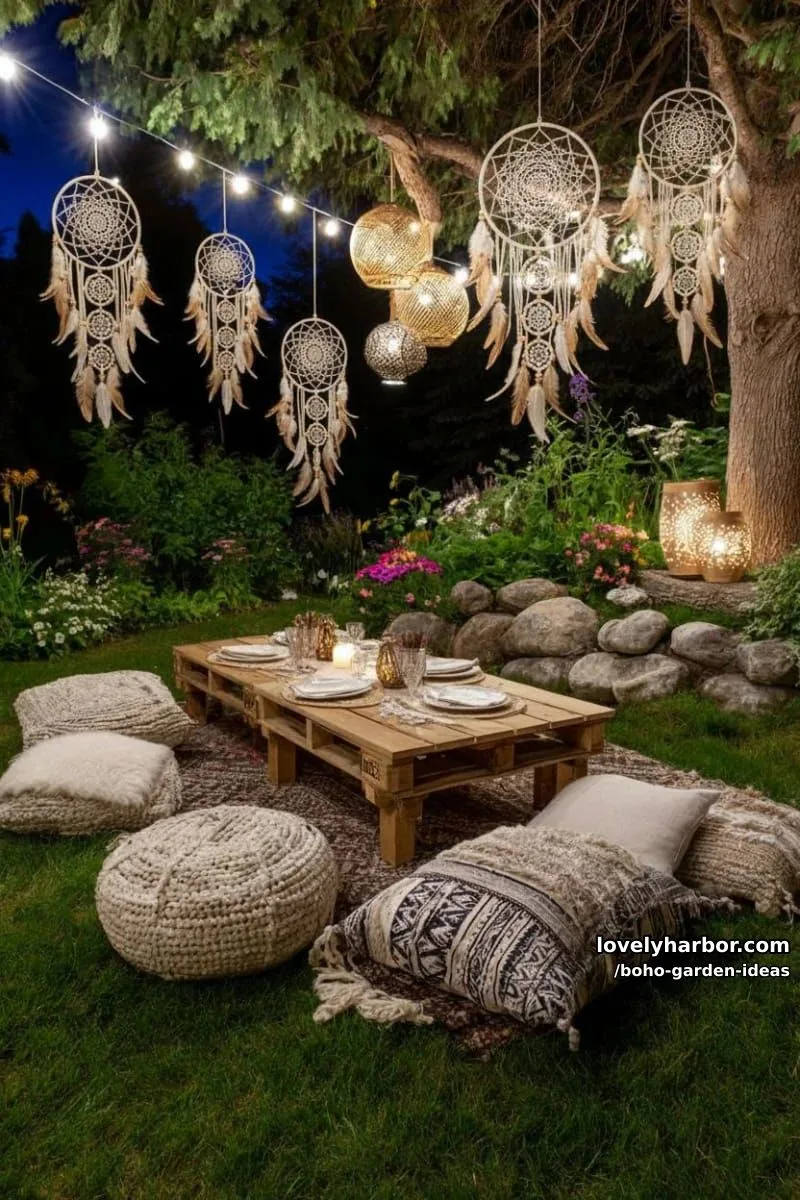 night garden with colorful string lights, dreamcatchers, lanterns, and pillows. 1