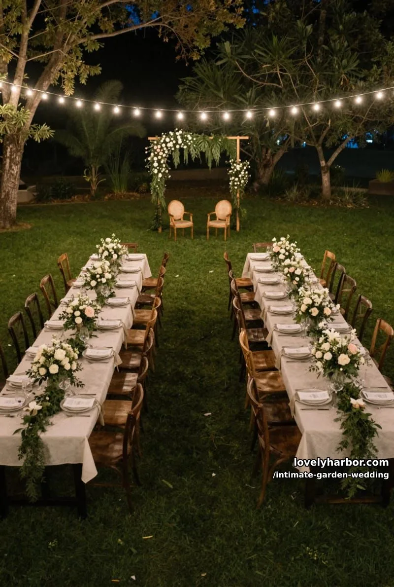 nighttime garden event with parallel banquet tables, floral arch, and fairy lights 1