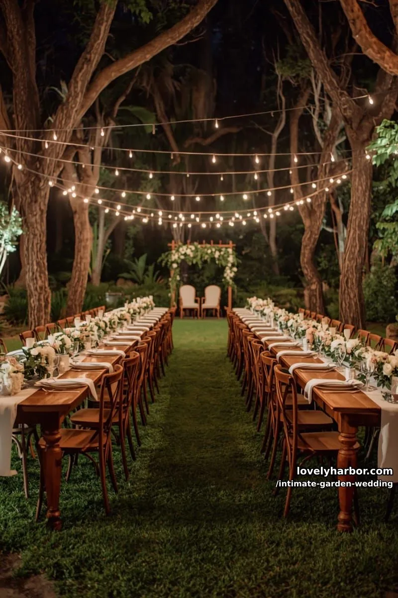 nighttime garden event with parallel banquet tables, floral arch, and fairy lights 1