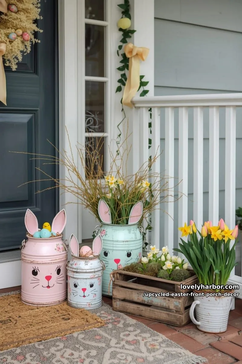 old milk cans painted with spring florals and bunny faces by the door 1