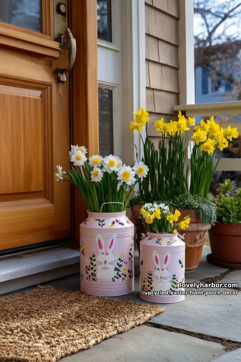 old milk cans painted with spring florals and bunny faces by the door 1