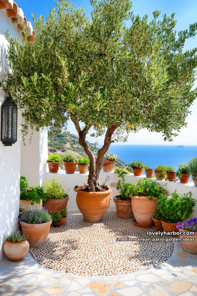 olive tree centerpiece surrounded by terracotta pots of herbs and lavender 1