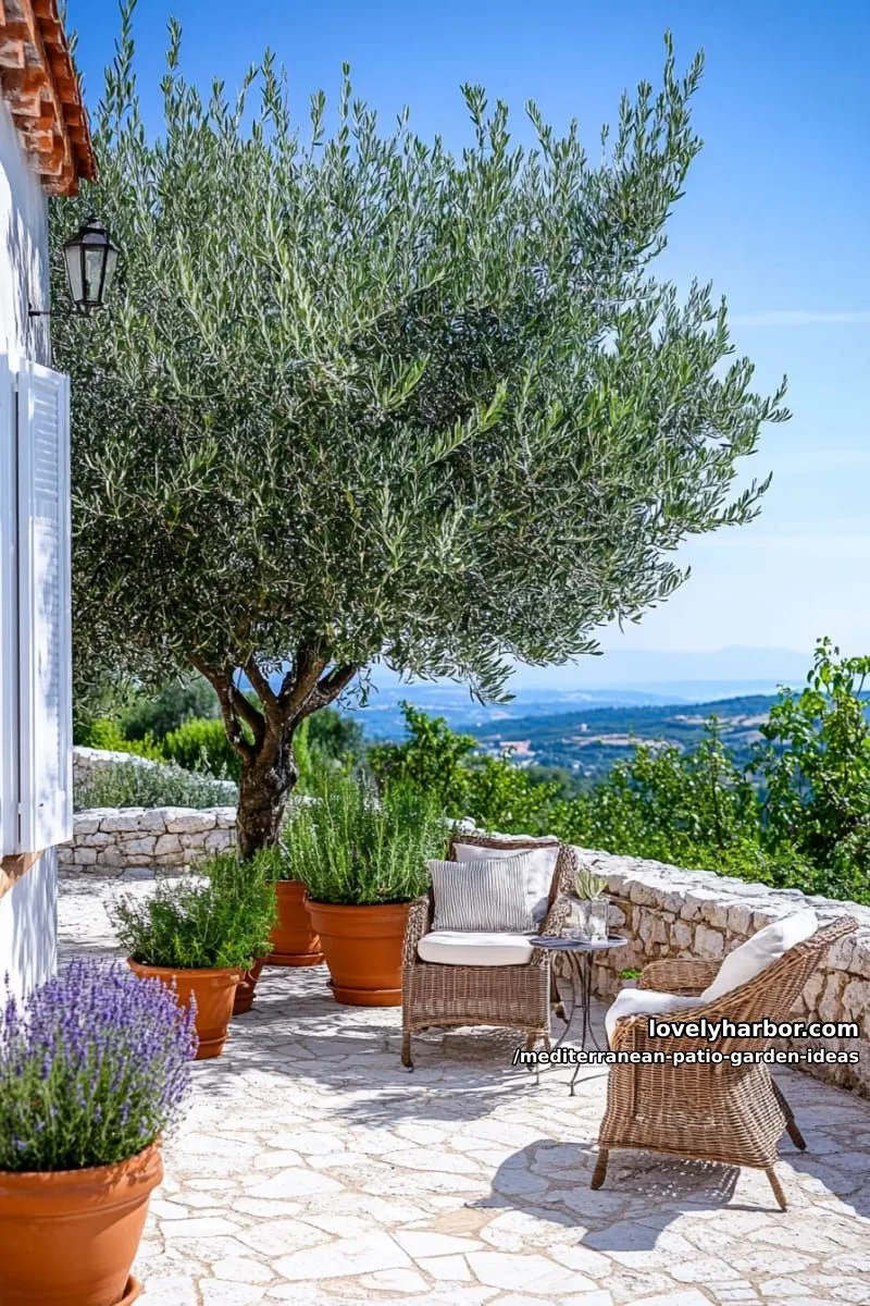 15 Mediterranean Patio Garden Ideas For A Dreamy Modern Homes 3 olive tree centerpiece surrounded by terracotta pots of herbs and lavender 1