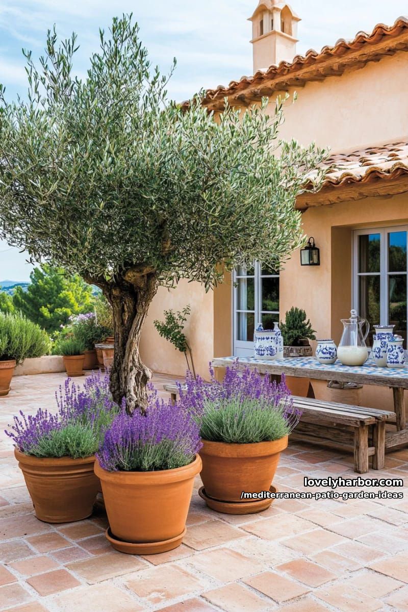 olive tree centerpiece surrounded by terracotta pots of herbs and lavender 1