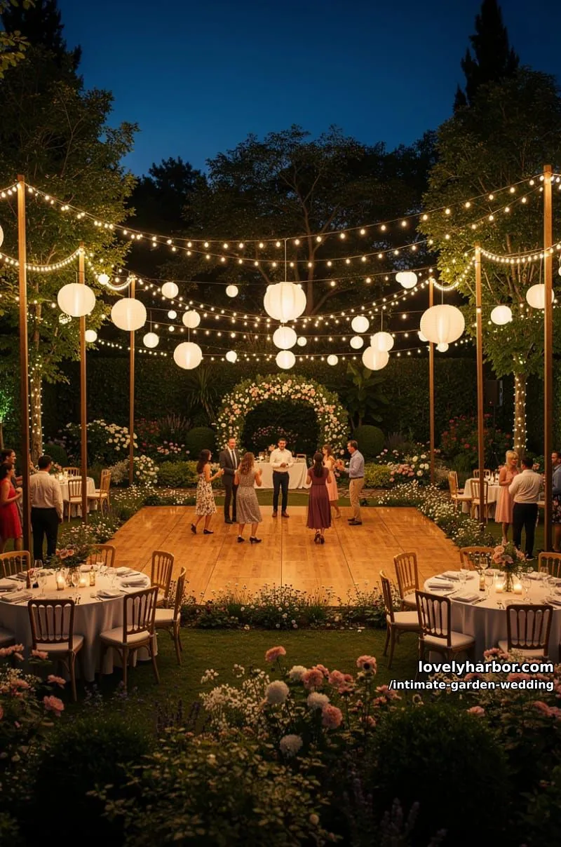 open-air dance floor illuminated by cascading fairy lights and paper lanterns 1