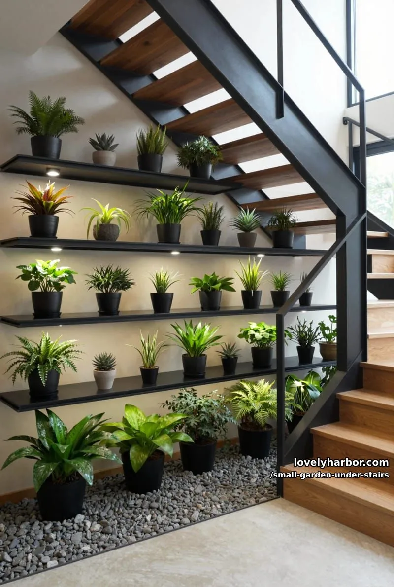 open staircase with black floating shelves and a variety of potted plants. 1