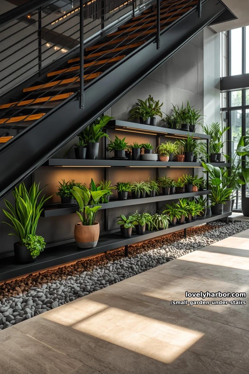 open staircase with black floating shelves and a variety of potted plants. 1