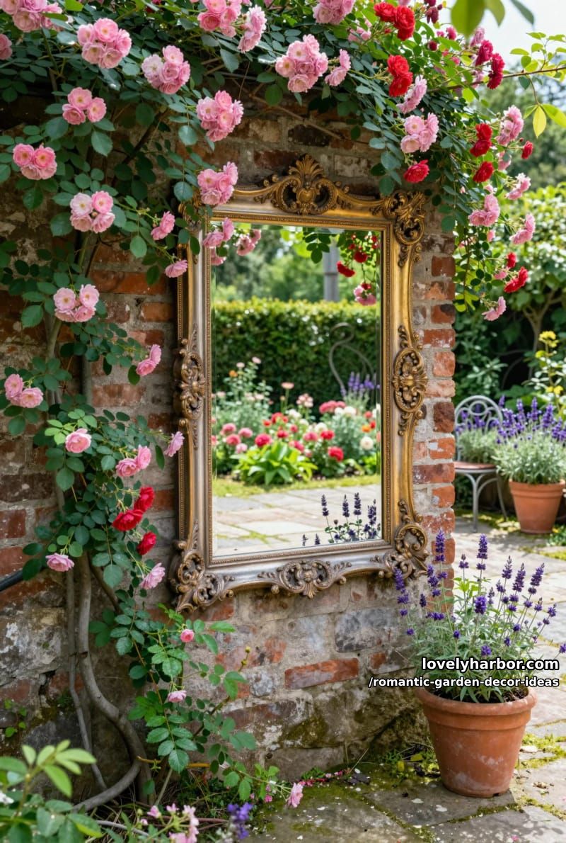 ornate mirrors framed by climbing roses reflecting garden beauty 1