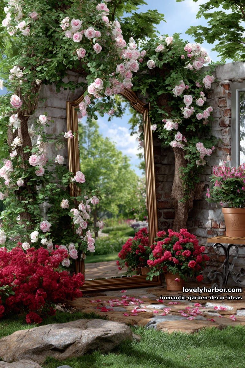 ornate mirrors framed by climbing roses reflecting garden beauty 1