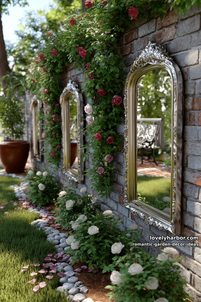 ornate mirrors framed by climbing roses reflecting garden beauty 1