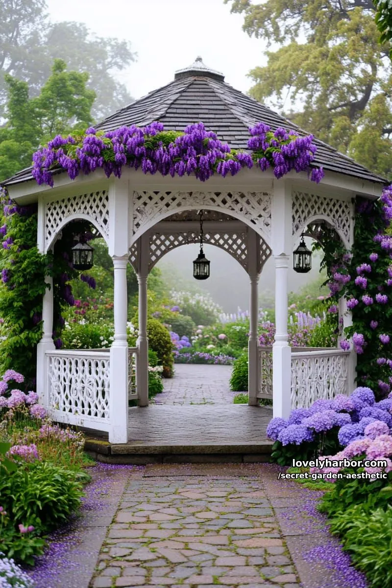 15 Secret Garden Inspirations for a Lush Backyard Retreat 13 ornate white gazebo surrounded by cascading wisteria and soft fog 1