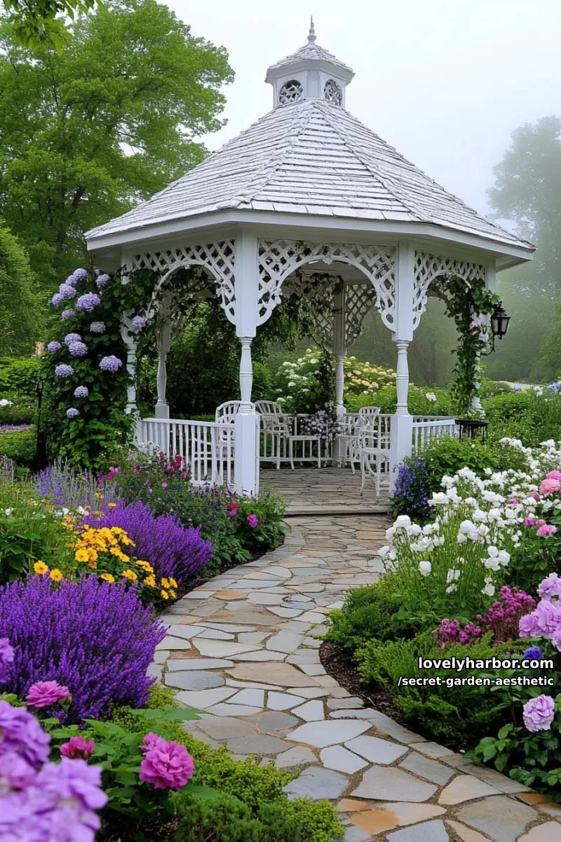 15 Secret Garden Inspirations for a Lush Backyard Retreat 14 ornate white gazebo surrounded by cascading wisteria and soft fog 1