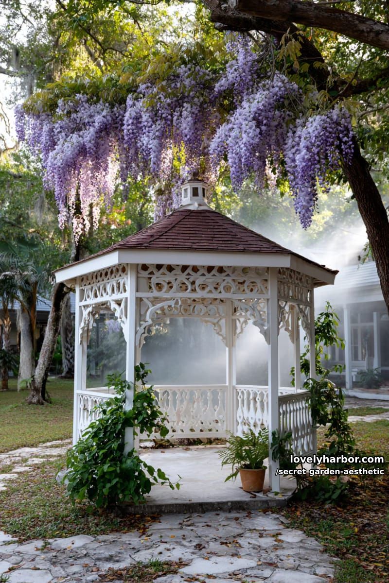ornate white gazebo surrounded by cascading wisteria and soft fog 1