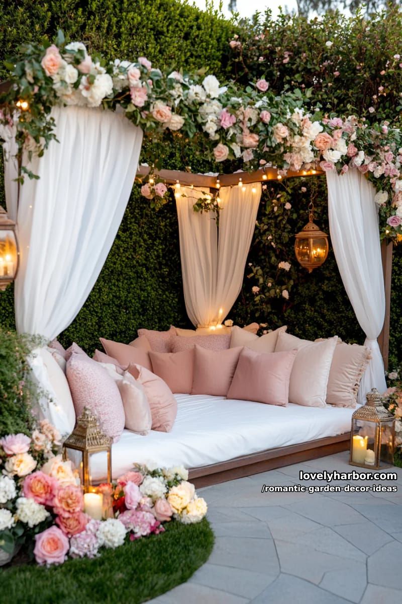 outdoor canopy beds with sheer curtains and plush pillows in flower corners 1