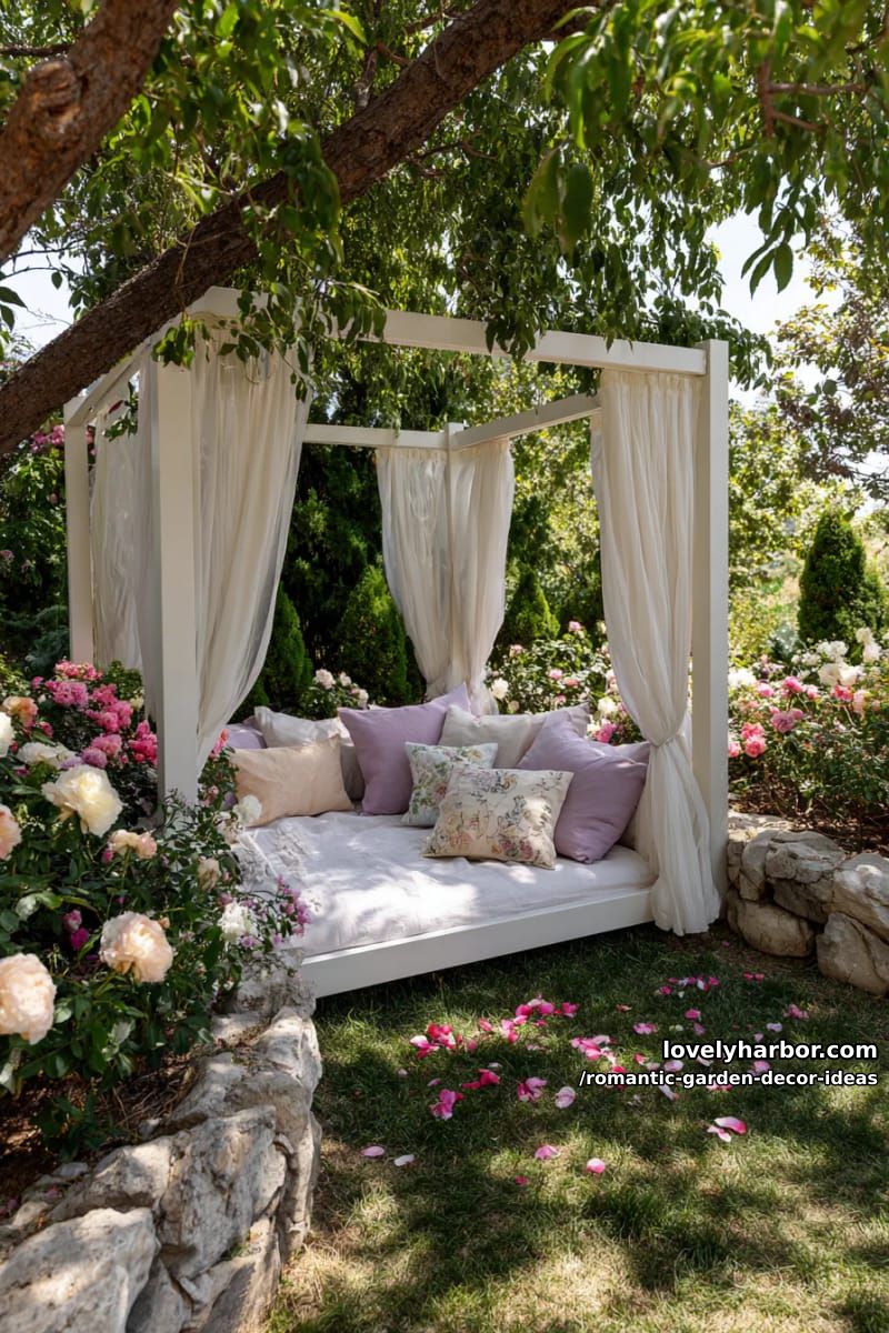outdoor canopy beds with sheer curtains and plush pillows in flower corners 1