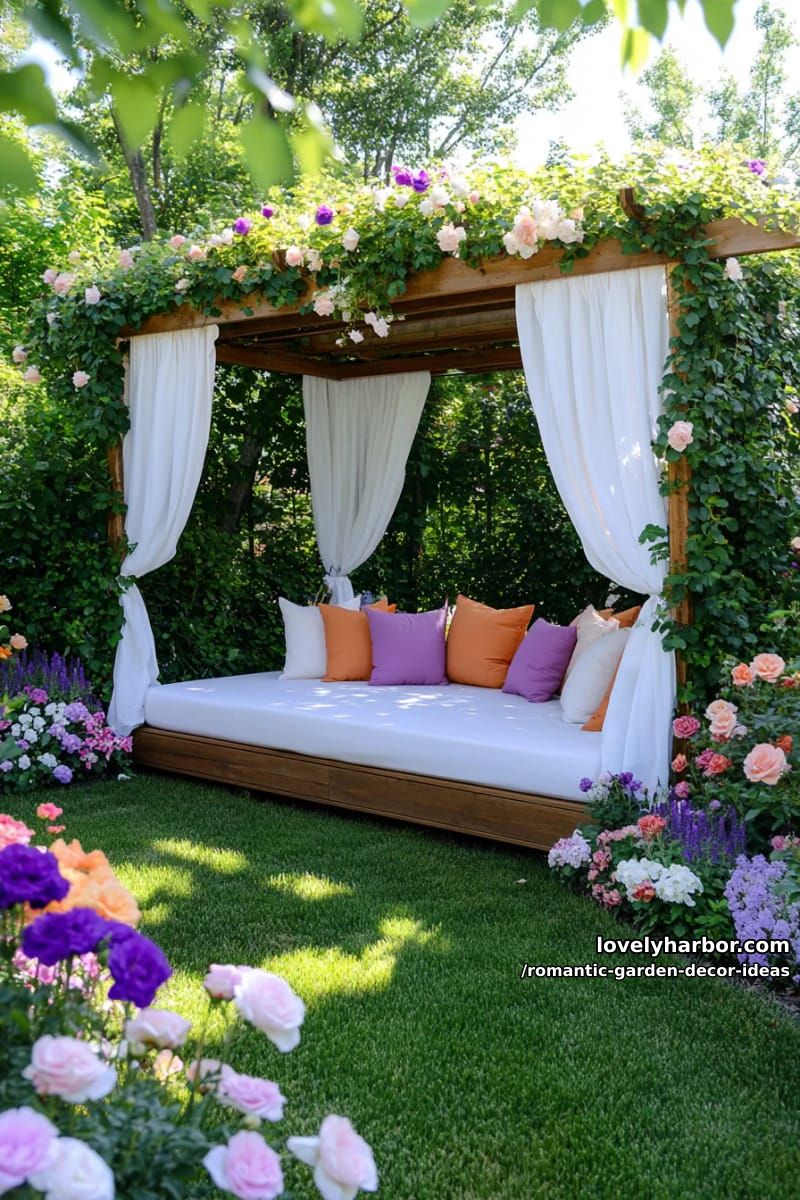 outdoor canopy beds with sheer curtains and plush pillows in flower corners 1