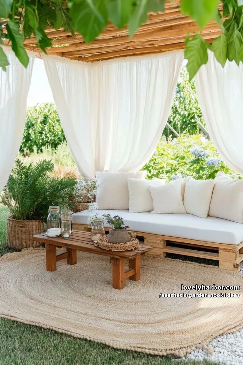 15 Aesthetic Garden Nook Ideas to Inspire Your Outdoor Escape 38 outdoor canopy nook with macramé curtains and a woven rug 1
