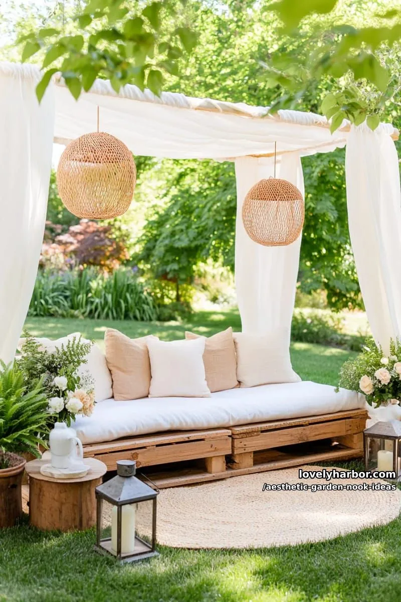 15 Aesthetic Garden Nook Ideas to Inspire Your Outdoor Escape 39 outdoor canopy nook with macramé curtains and a woven rug 1