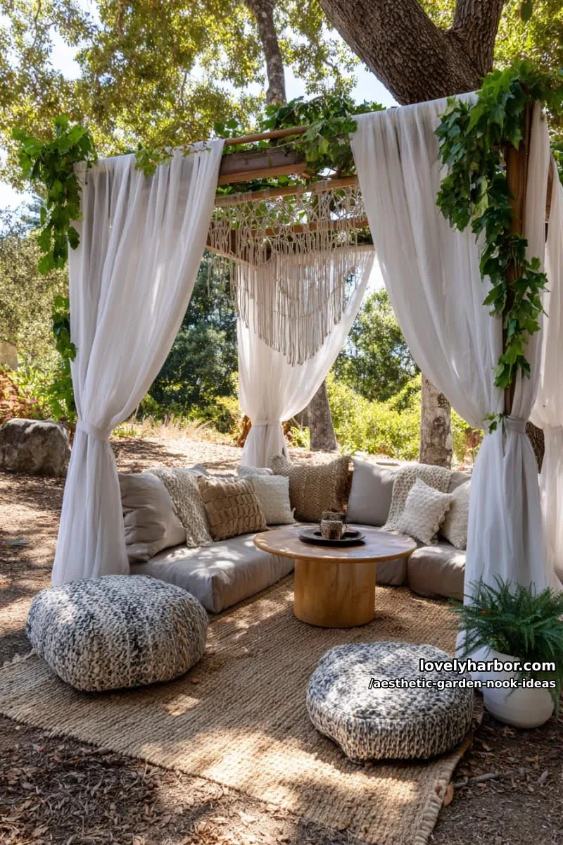 15 Aesthetic Garden Nook Ideas to Inspire Your Outdoor Escape 40 outdoor canopy nook with macramé curtains and a woven rug 1