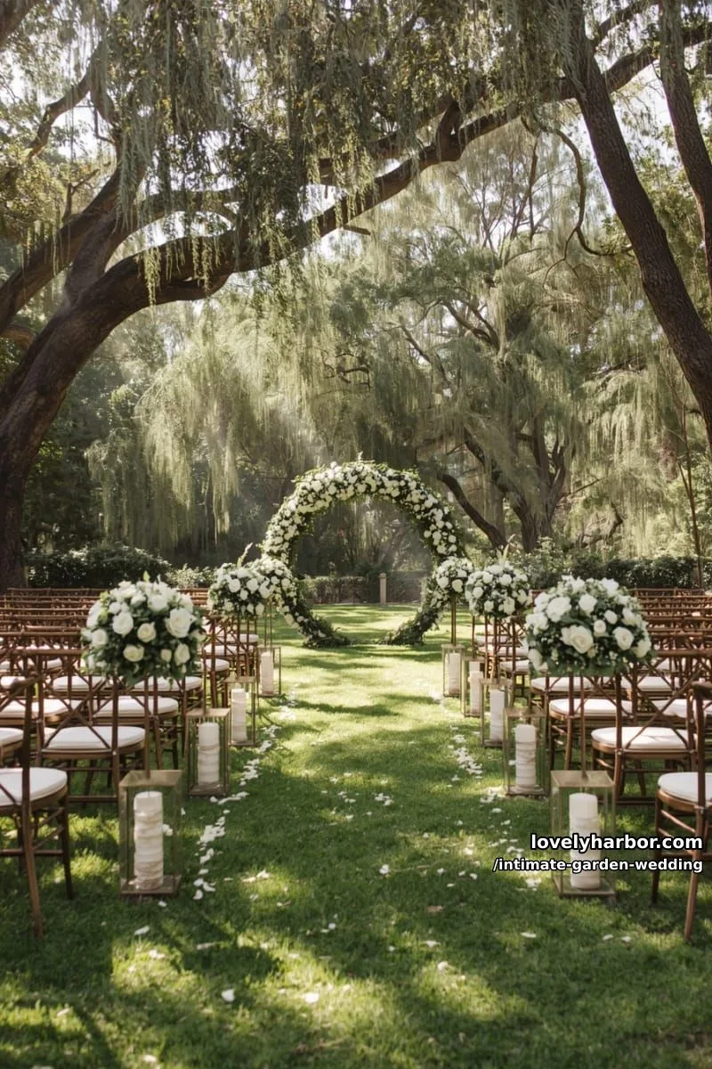 outdoor ceremony under trees, white-cushioned chairs, floral arch, willow backdrop 1