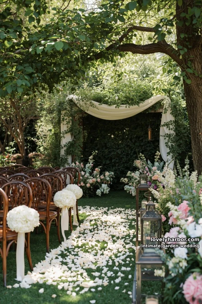 outdoor ceremony, wooden chairs, white bows and hydrangeas, ivy-covered hedge 1