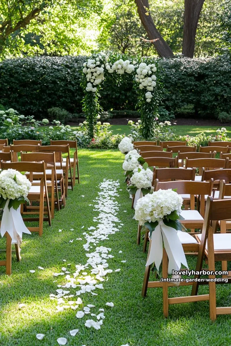 outdoor ceremony, wooden chairs, white bows and hydrangeas, ivy-covered hedge 1