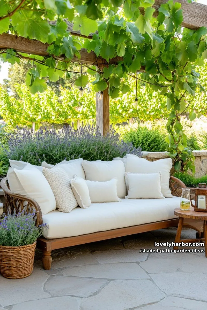15 Dreamy Shaded Patio Garden Ideas to Inspire Your Backyard 17 outdoor daybed nestled beneath a leafy grapevine trellis canopy 1