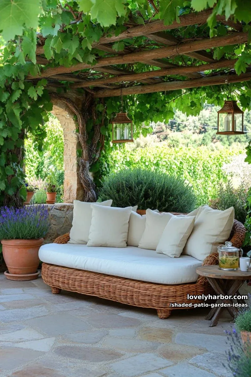 15 Dreamy Shaded Patio Garden Ideas to Inspire Your Backyard 18 outdoor daybed nestled beneath a leafy grapevine trellis canopy 1