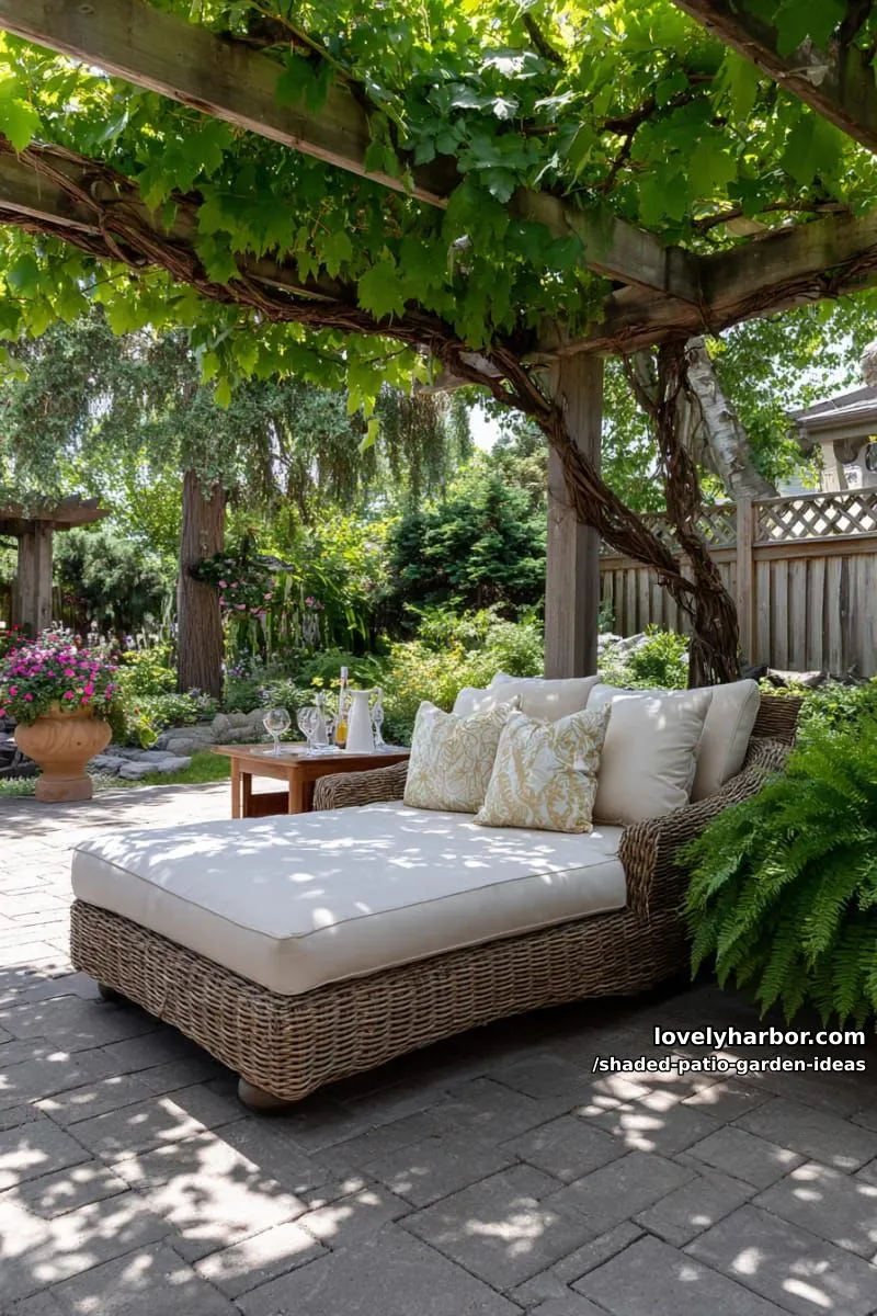 15 Dreamy Shaded Patio Garden Ideas to Inspire Your Backyard 19 outdoor daybed nestled beneath a leafy grapevine trellis canopy 1