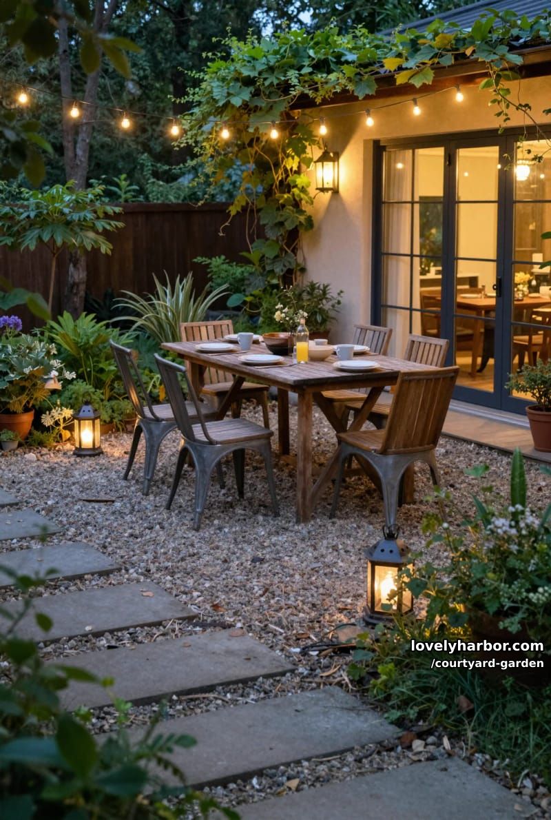 outdoor dining patio at dusk with string lights and lush greenery 1