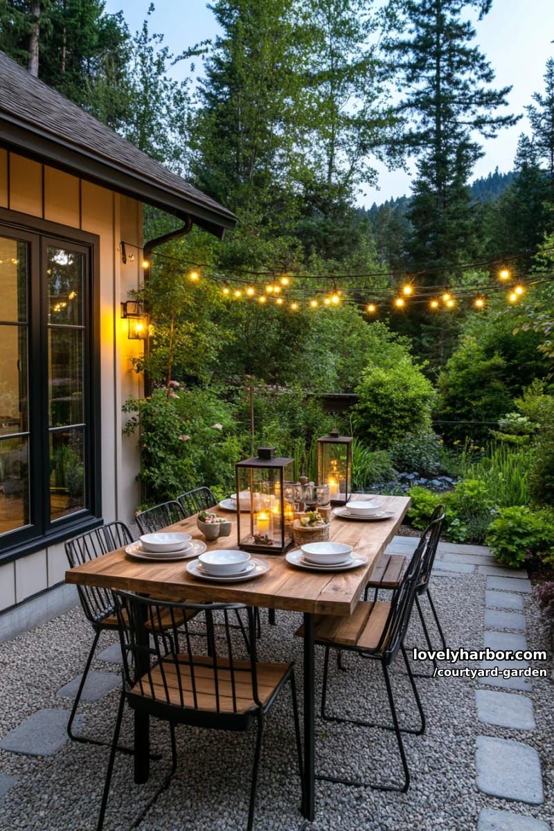 outdoor dining patio at dusk with string lights and lush greenery 1