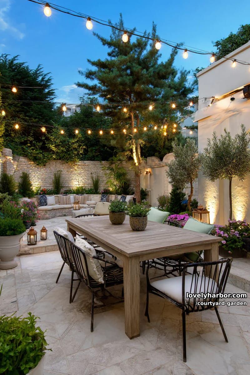 outdoor dining patio at dusk with string lights and lush greenery 1