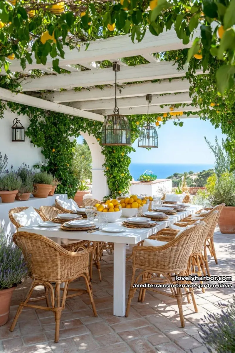 outdoor dining table under a pergola, surrounded by lemon trees 1