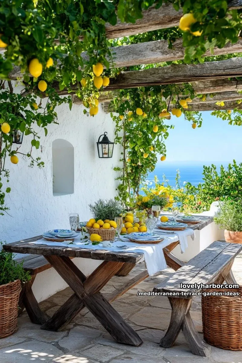 outdoor dining table under a pergola, surrounded by lemon trees 1