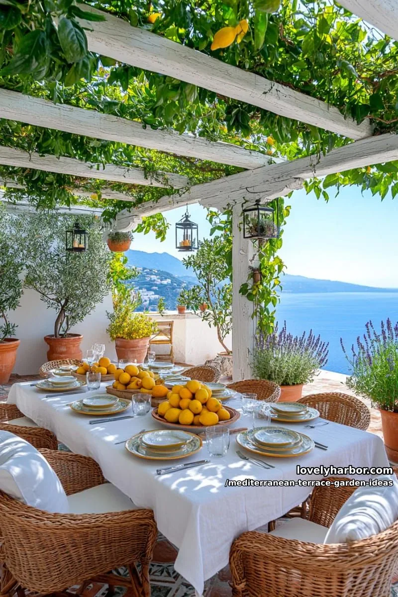 outdoor dining table under a pergola, surrounded by lemon trees 1