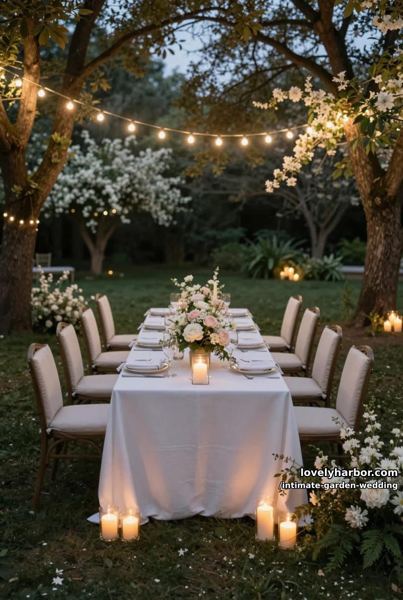 outdoor evening dinner under tree canopy with fairy lights and floral centerpiece 1