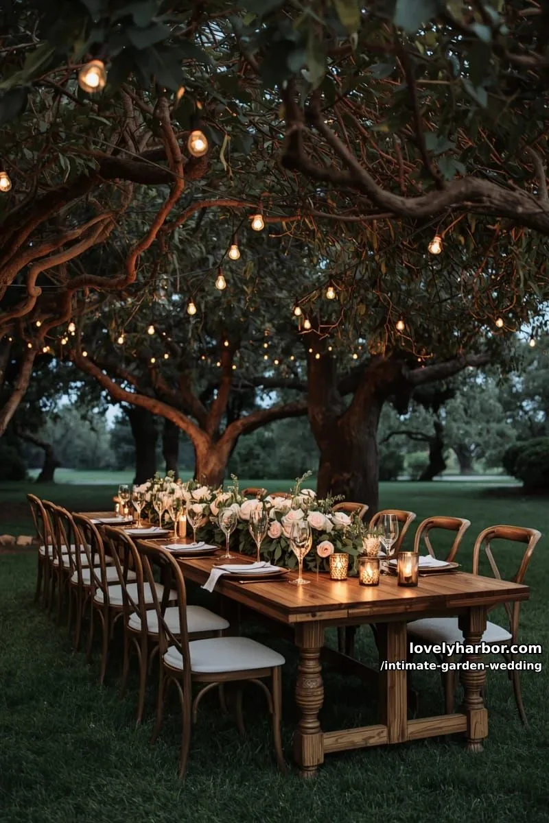 outdoor evening dinner under tree canopy with fairy lights and floral centerpiece 1