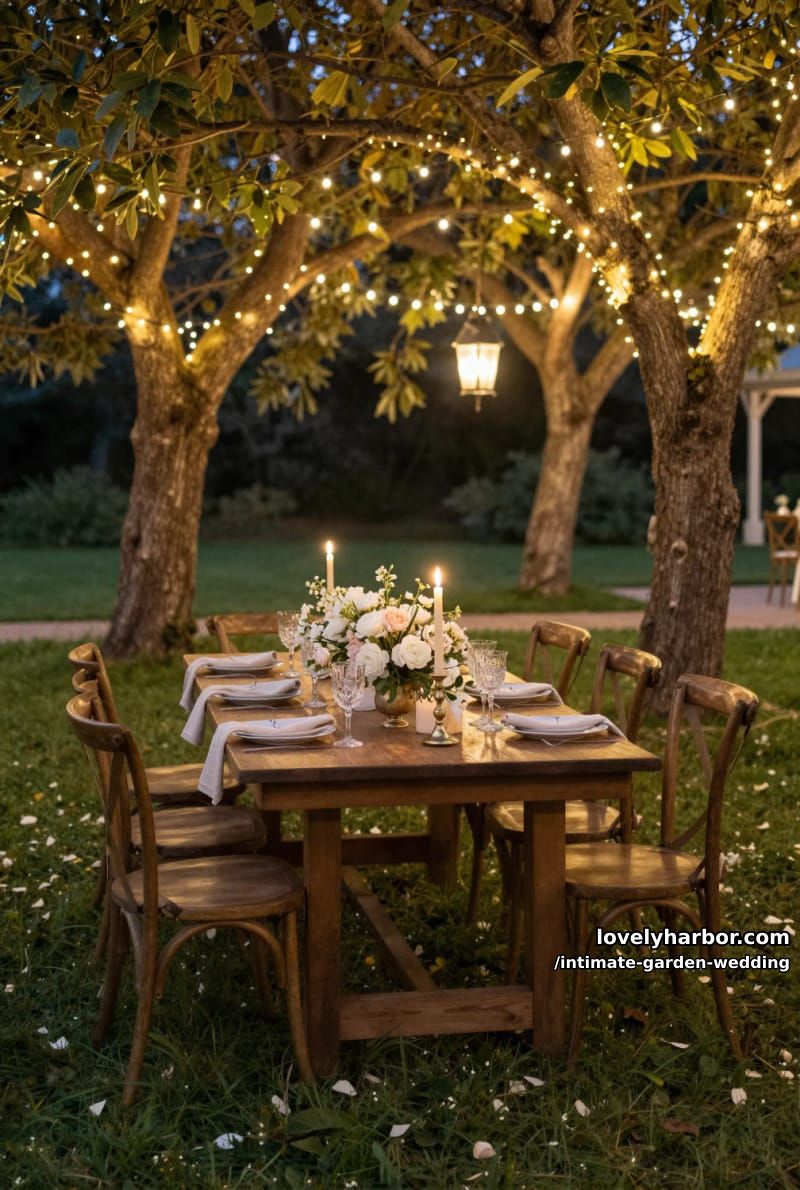 outdoor evening dinner under tree canopy with fairy lights and floral centerpiece 1