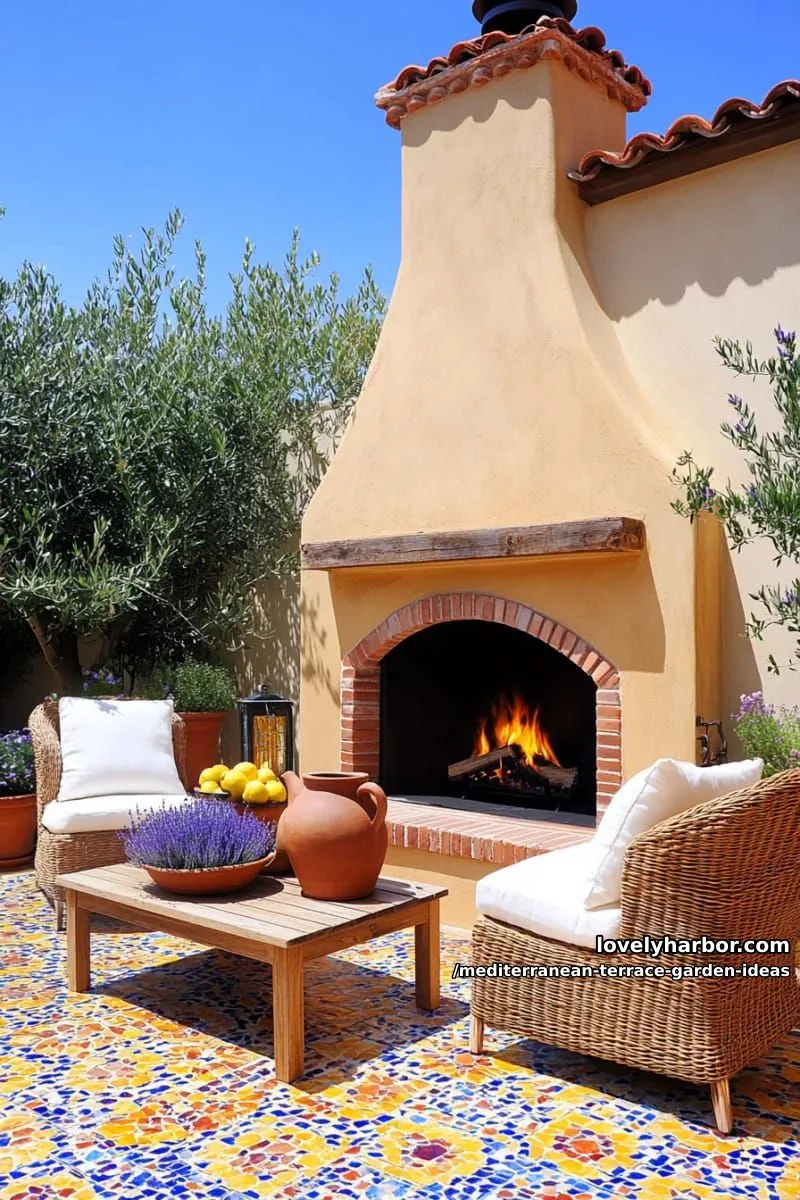 outdoor fireplace corner with wicker chairs and linen cushions 1