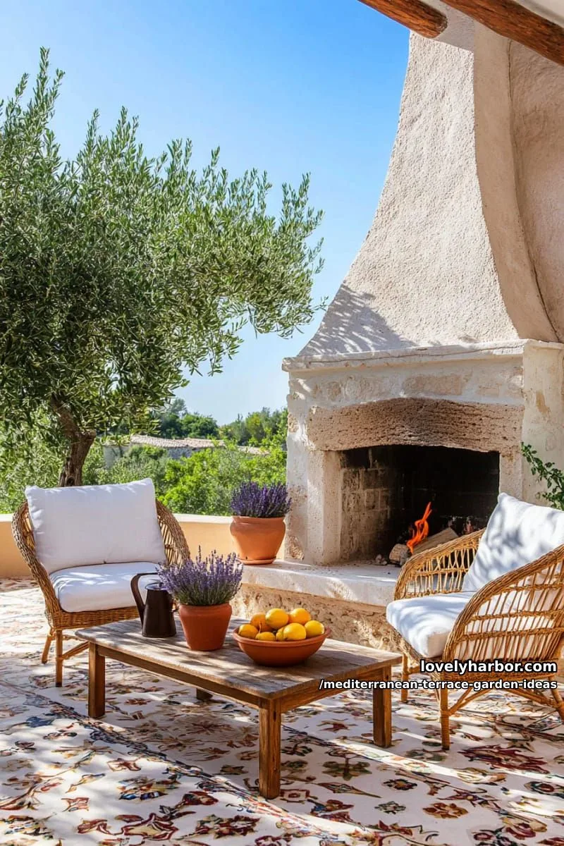 outdoor fireplace corner with wicker chairs and linen cushions 1