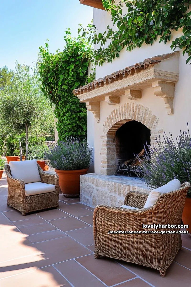 outdoor fireplace corner with wicker chairs and linen cushions 1