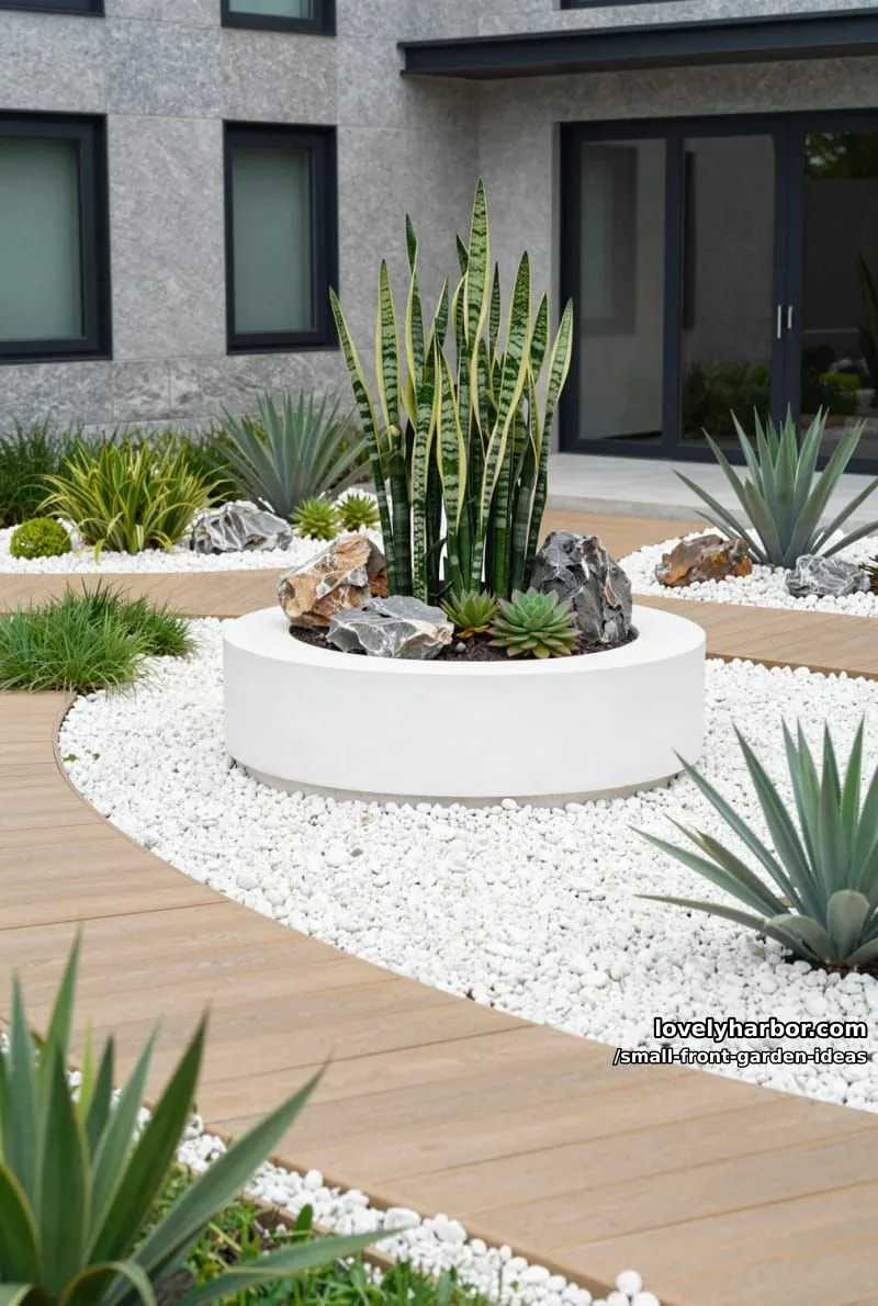 outdoor garden with round planter, snake plants, succulents, and curved path. 1