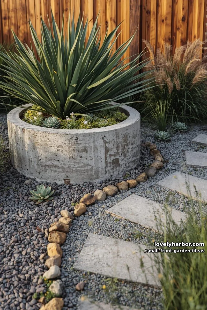outdoor garden with round planter, snake plants, succulents, and curved path. 1
