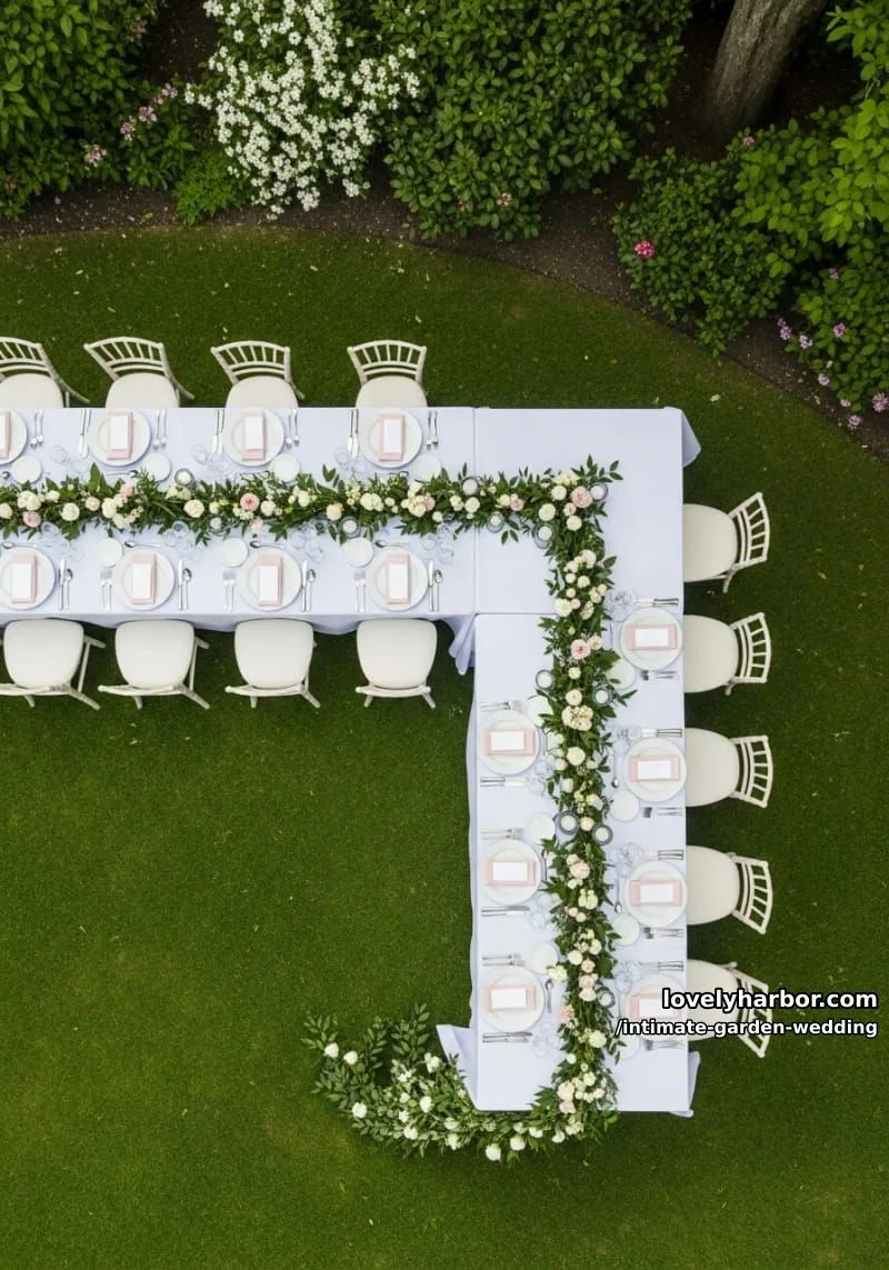 outdoor l-shaped table gathering, green garlands, pink napkins, string lights 1