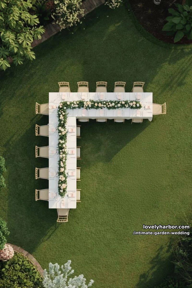 outdoor l-shaped table gathering, green garlands, pink napkins, string lights 1